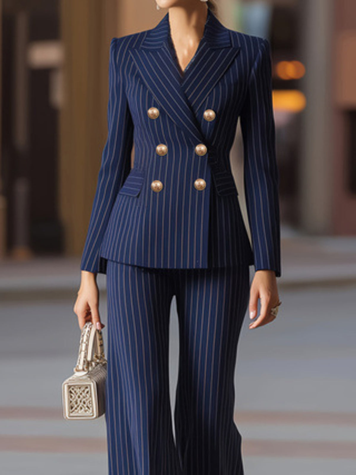Blue striped blazer and wide leg pants matching set