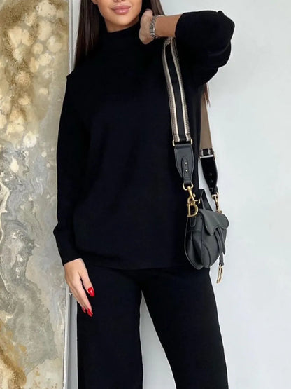 Turtleneck Long Sleeve Top and Drawstring Pants Sweater Set Black One Size - Fashorio
