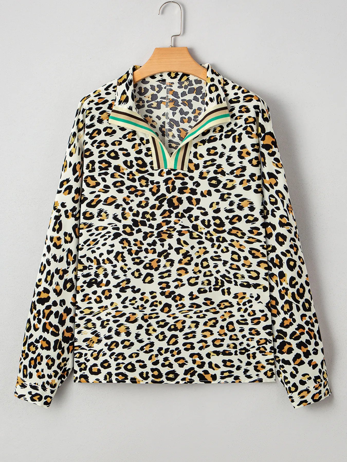 Leopard Print Contrast Striped V Neck Blouse - Fashorio