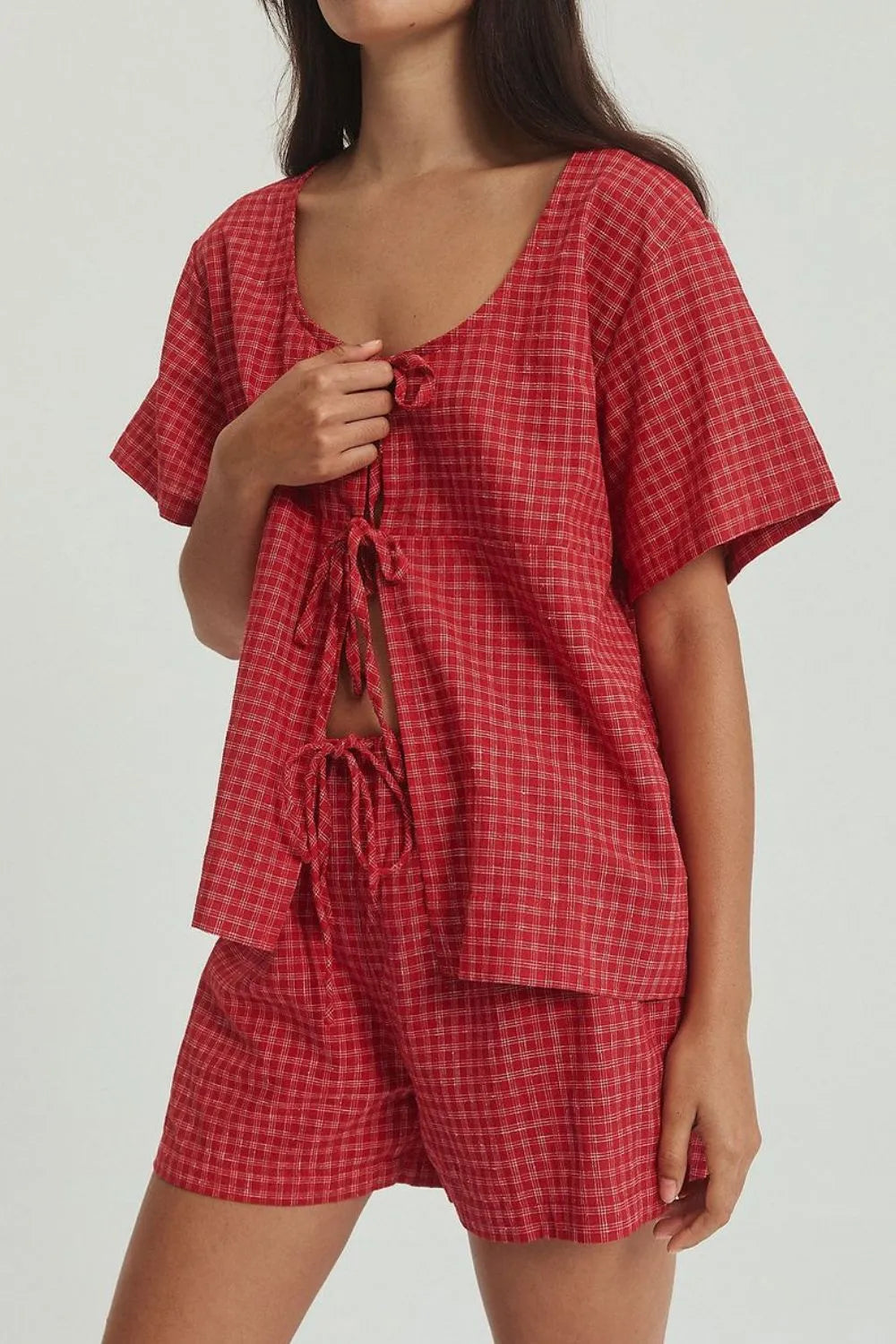 Plaid Tied Scoop Neck Short Sleeve Top and Drawstring Shorts Set view 8