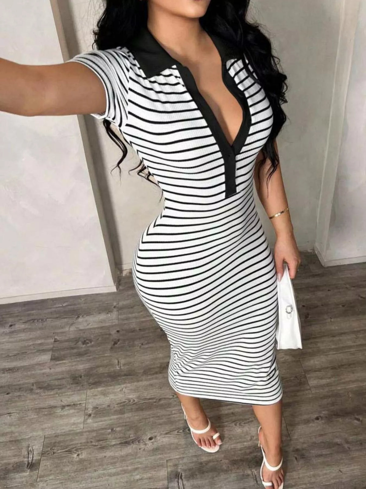 Striped polo collar midi dress detail view