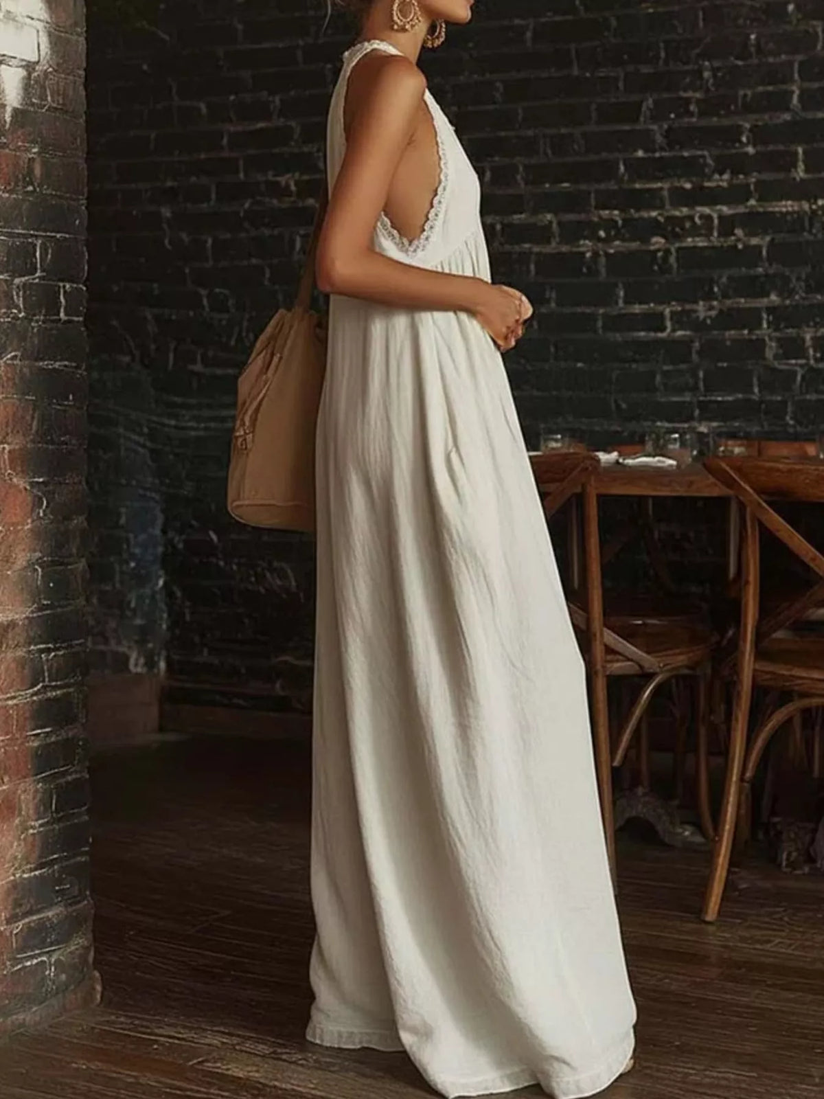 Lace trim halter jumpsuit white color