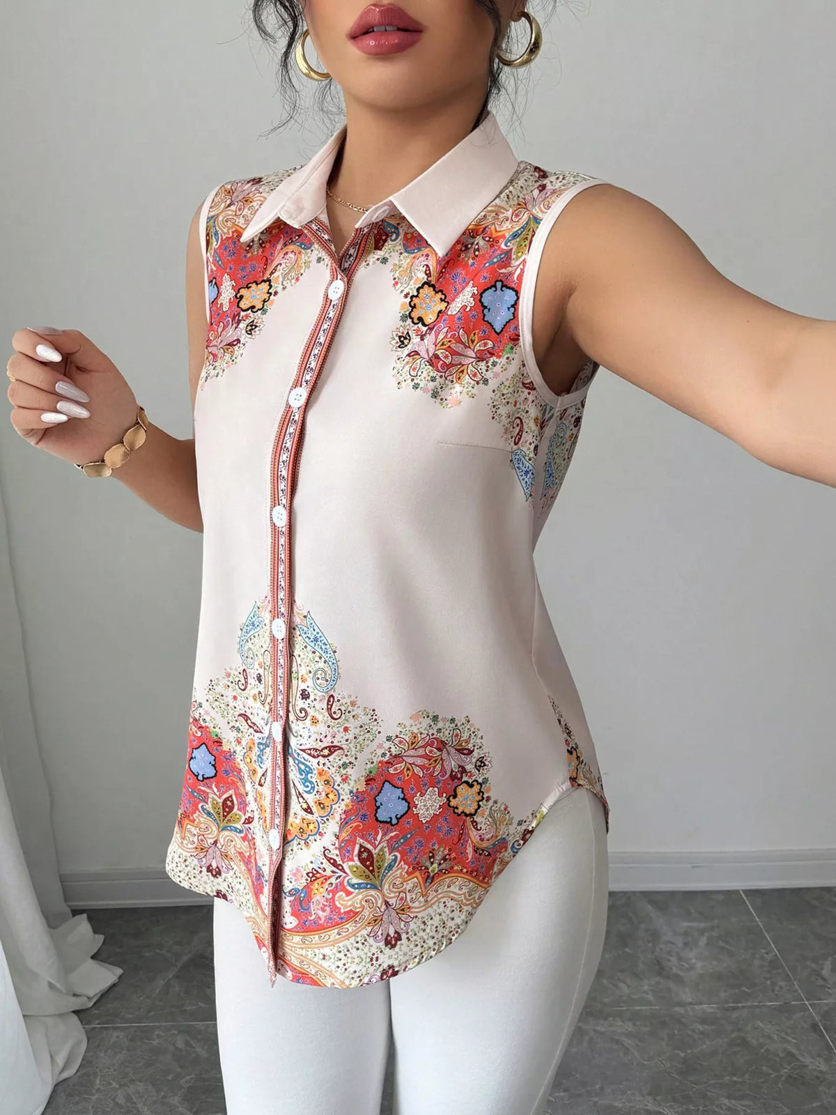 Button up sleeveless shirt three quarter view