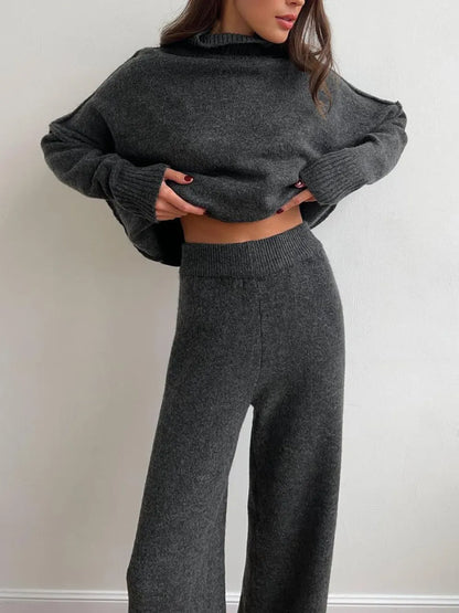 Slit Turtleneck Long Sleeve Top and Pants Sweater Set Dark Gray One Size - Fashorio
