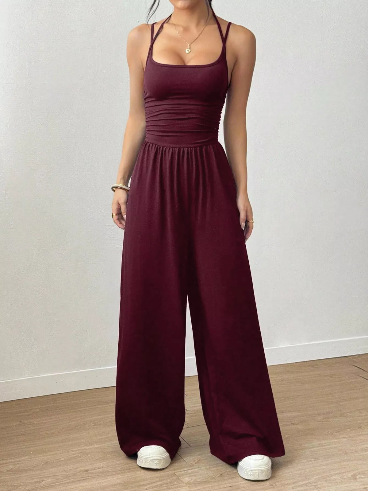 Dark blue wide leg jumpsuit front view