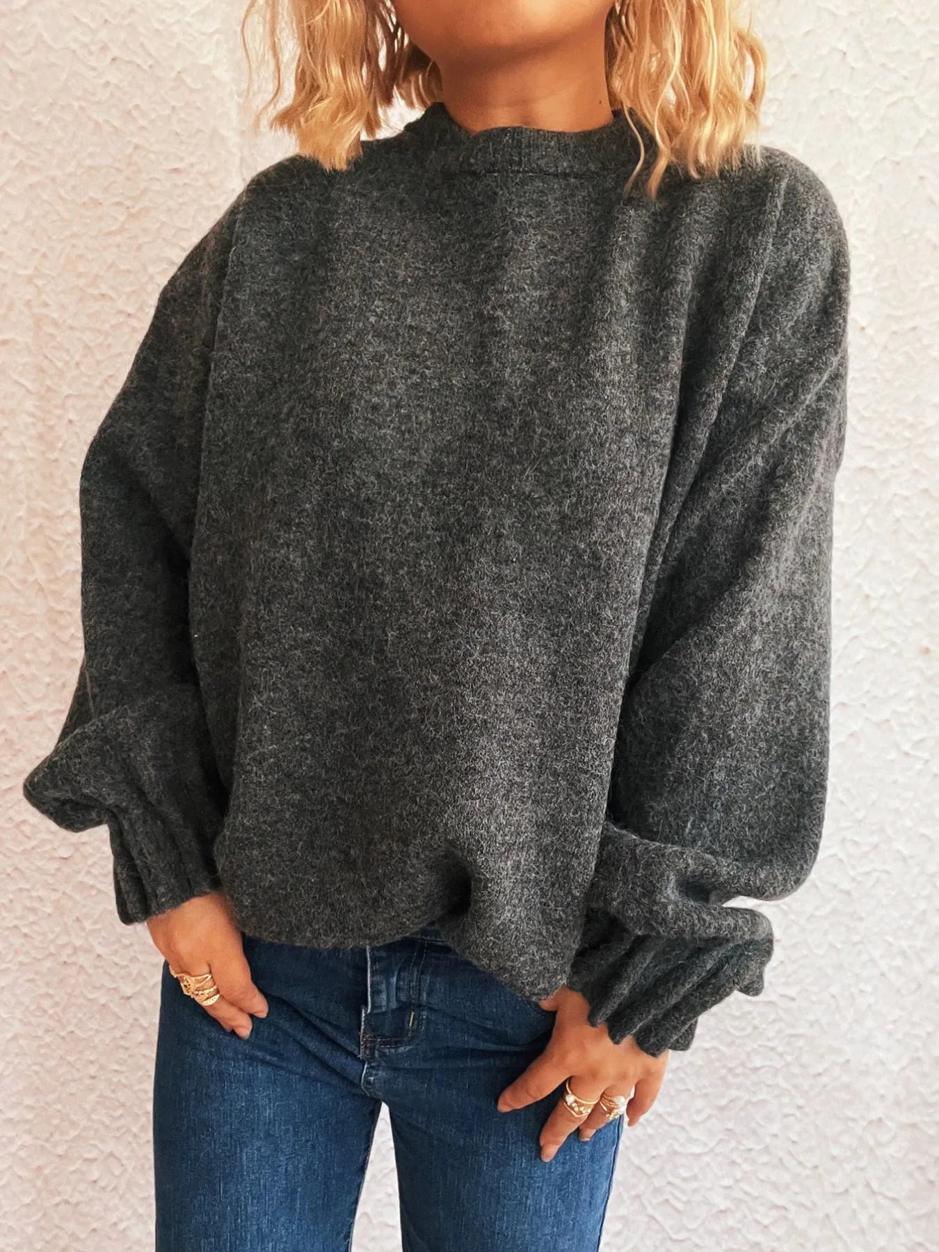 Round Neck Dropped Shoulder Sweater - Fashorio