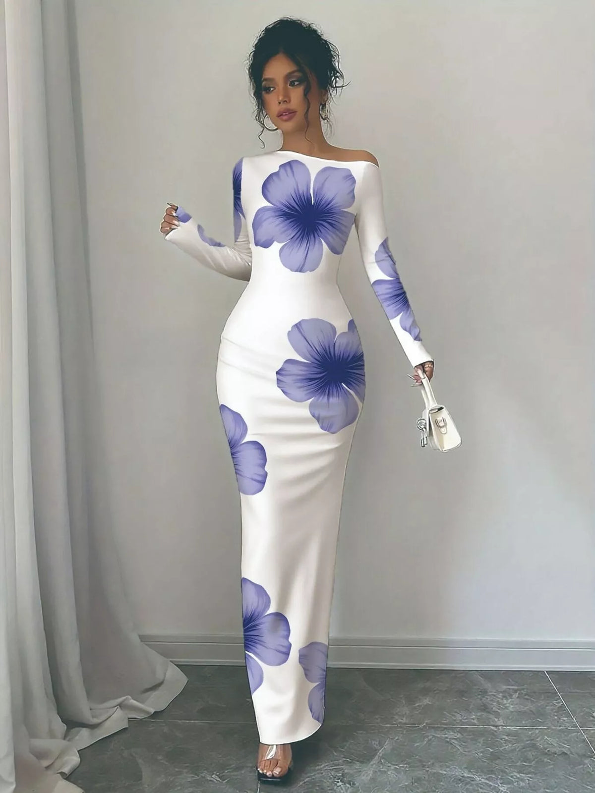 Full length floral one shoulder dress