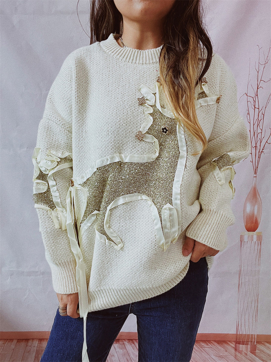Reindeer Round Neck Long Sleeve Sweater Beige - Fashorio