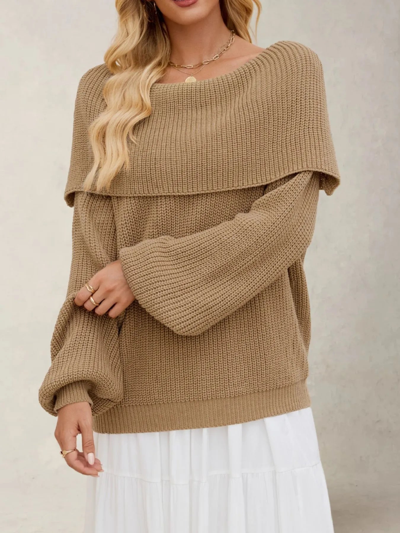 Fold-Over Collar Long Sleeve Sweater - Fashorio