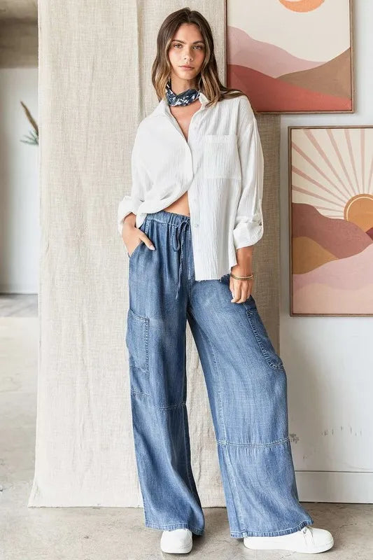 Mittoshop Washed Elastic Waist Cargo Wide Leg Pants - Fashorio
