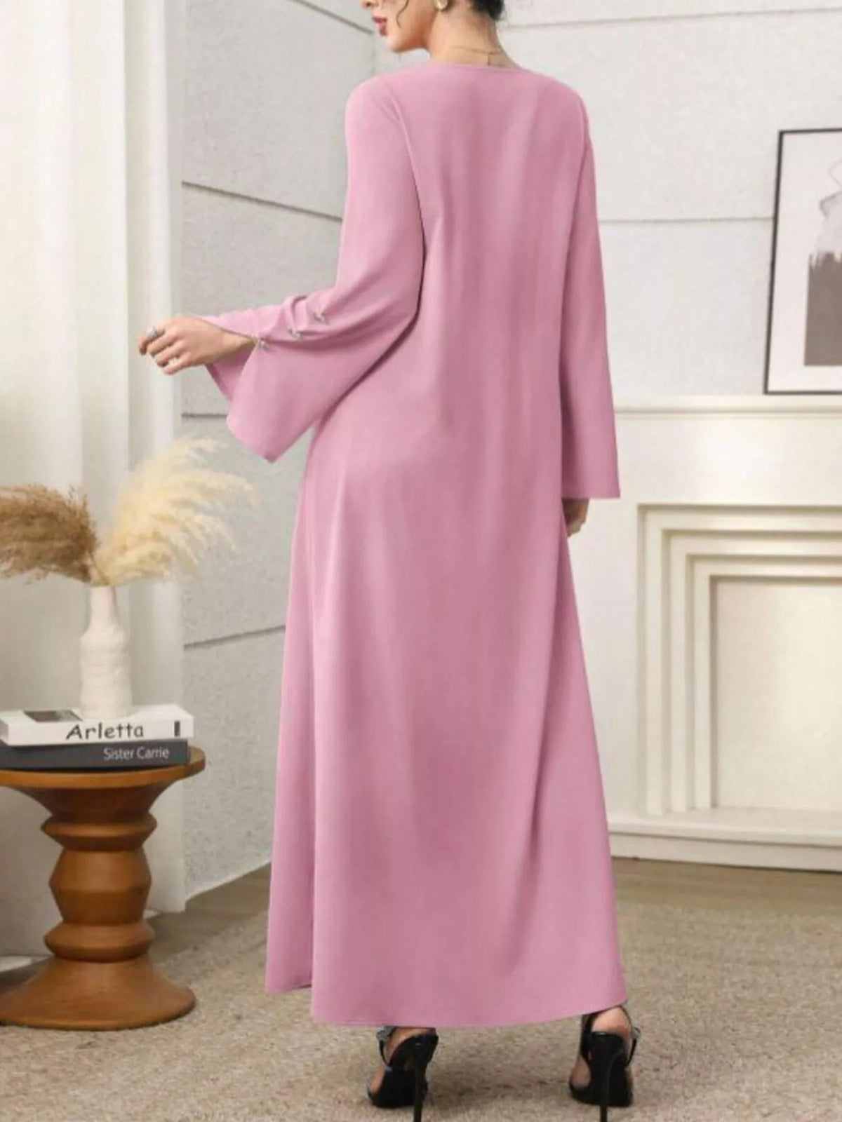 close up of the square neckline