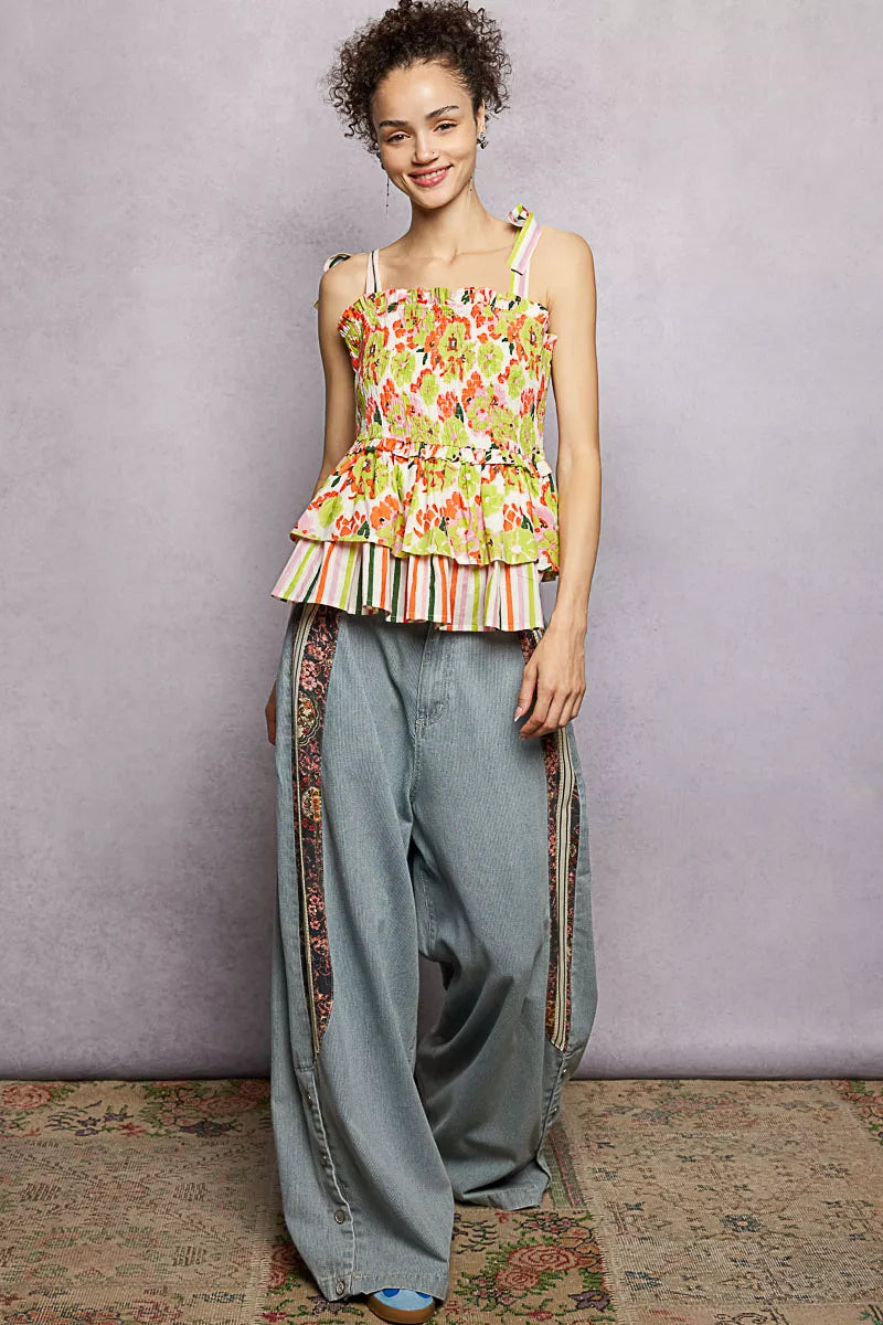 POL lime floral smocked ruffled cami, on model
