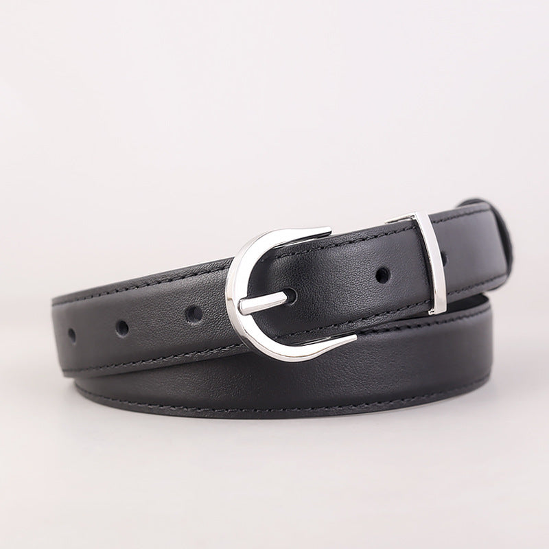 Silver buckle leather belt front view