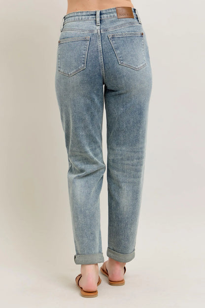 Judy Blue Full Size Hw Vintage Wash Double Roll Cuff Bf Jeans Plus Size - Fashorio