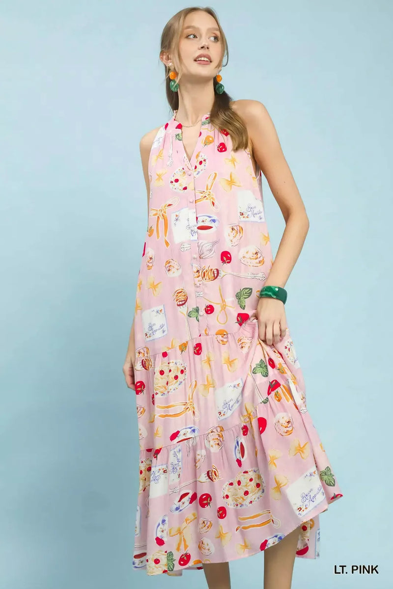 Abstract Print Tiered Halter Midi Dress