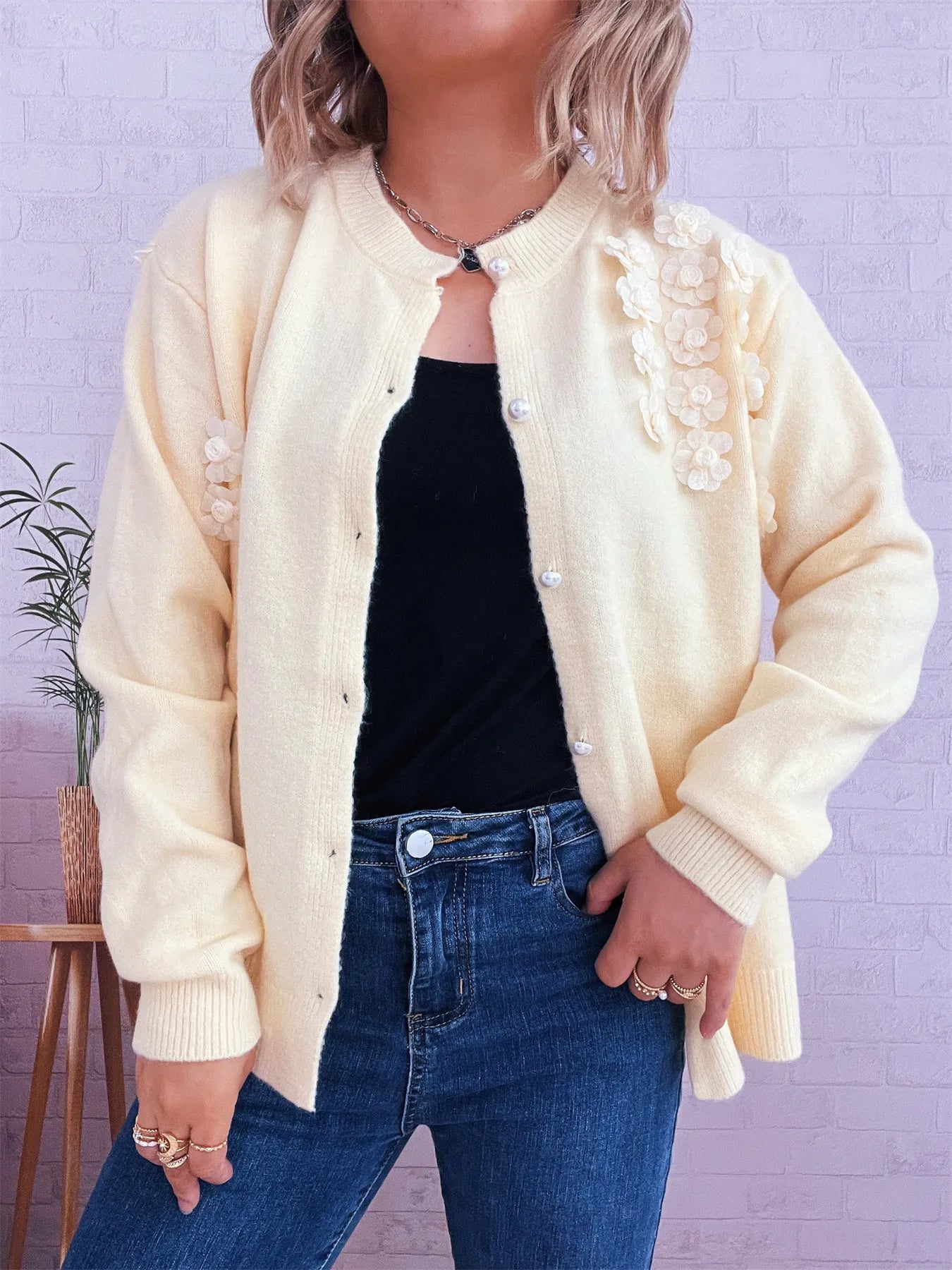 Flower Button Up Long Sleeve Cardigan Yellow One Size - Fashorio