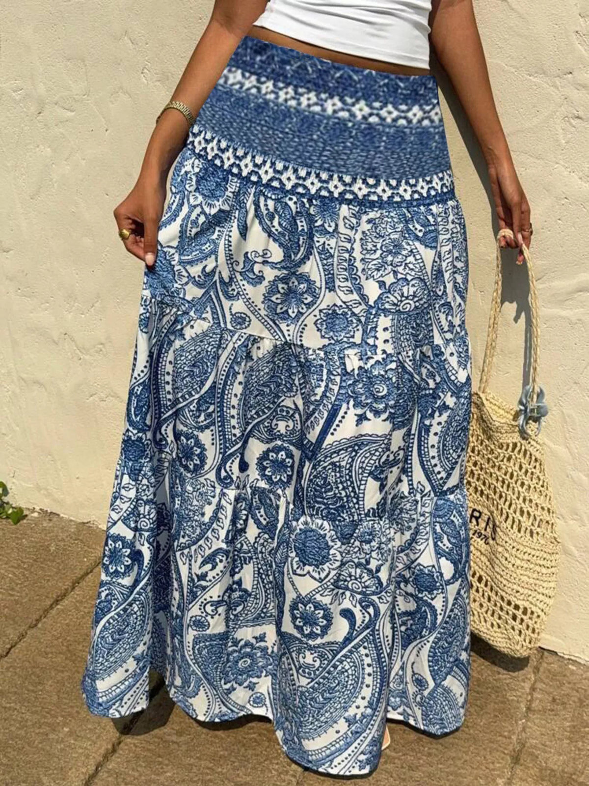 Blue paisley print tiered maxi skirt side view