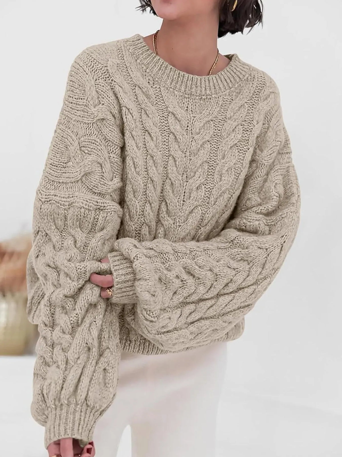 cable knit long sleeve sweater styled outfit view