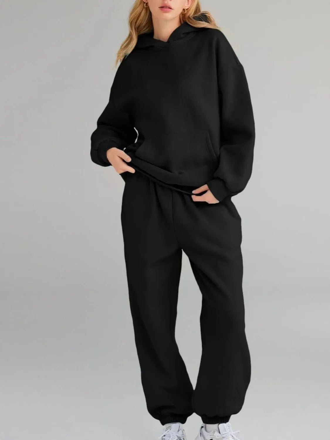 Full Size Kangaroo Pocket Hoodie and Joggers Set Plus Size Black - Fashorio