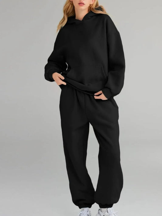 Full Size Kangaroo Pocket Hoodie and Joggers Set Plus Size Black - Fashorio