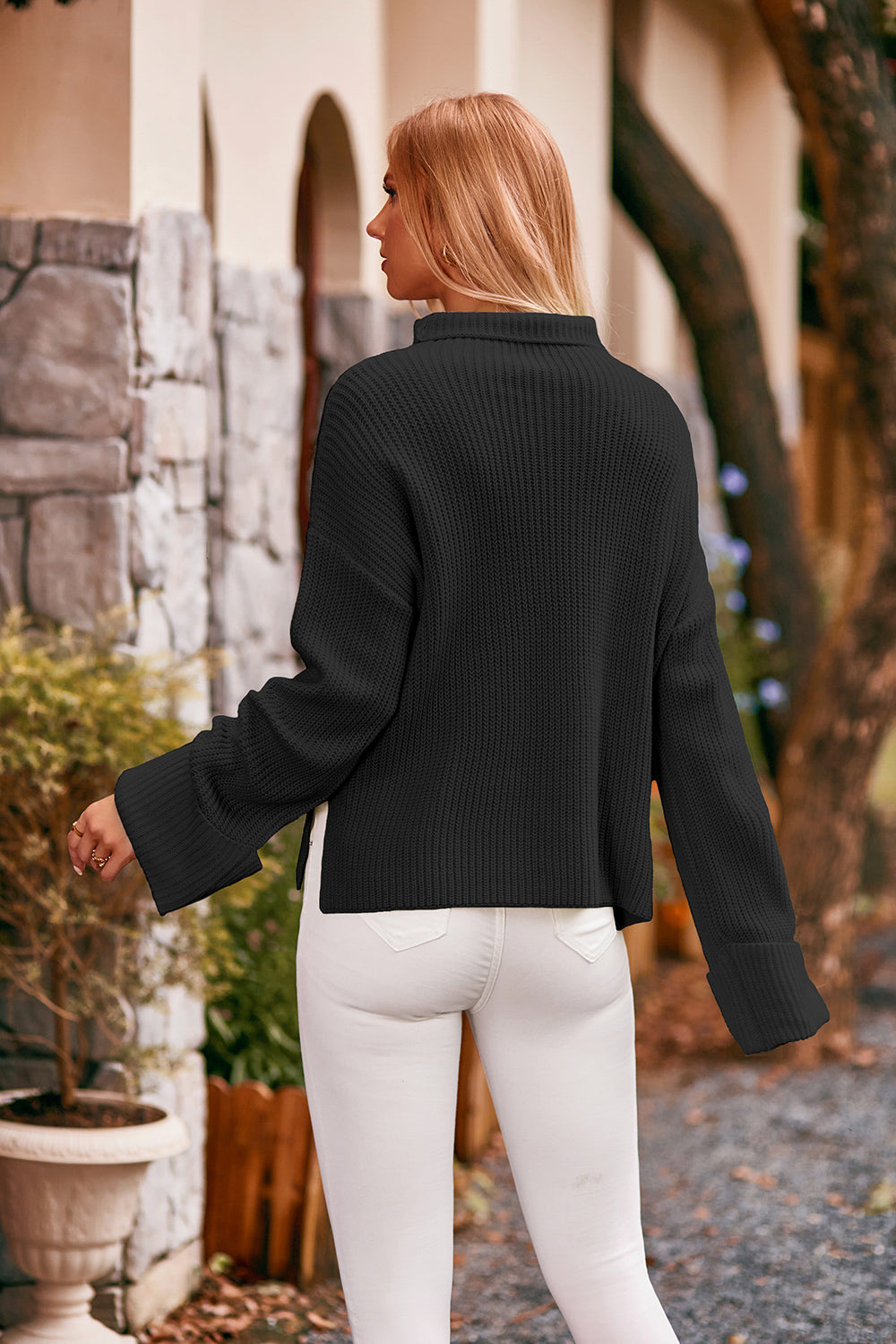Mock Neck Drop Shoulder Sweater - Fashorio