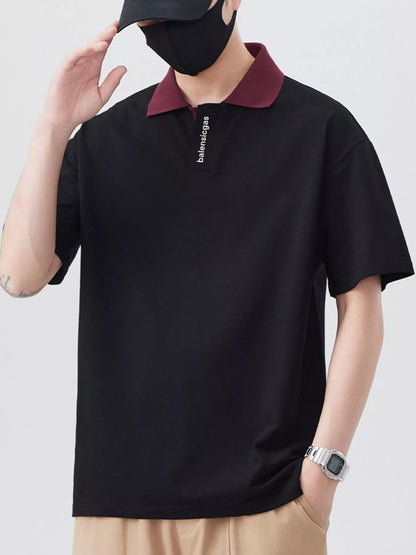 Men's Plus Size Contrast Collar Short Sleeve Polo Black - Fashorio