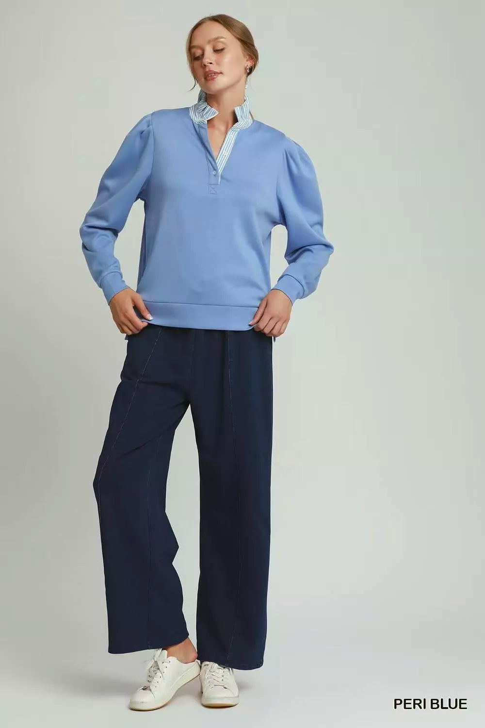 Umgee peri blue stripe ruffle neck long sleeve top fabric detail