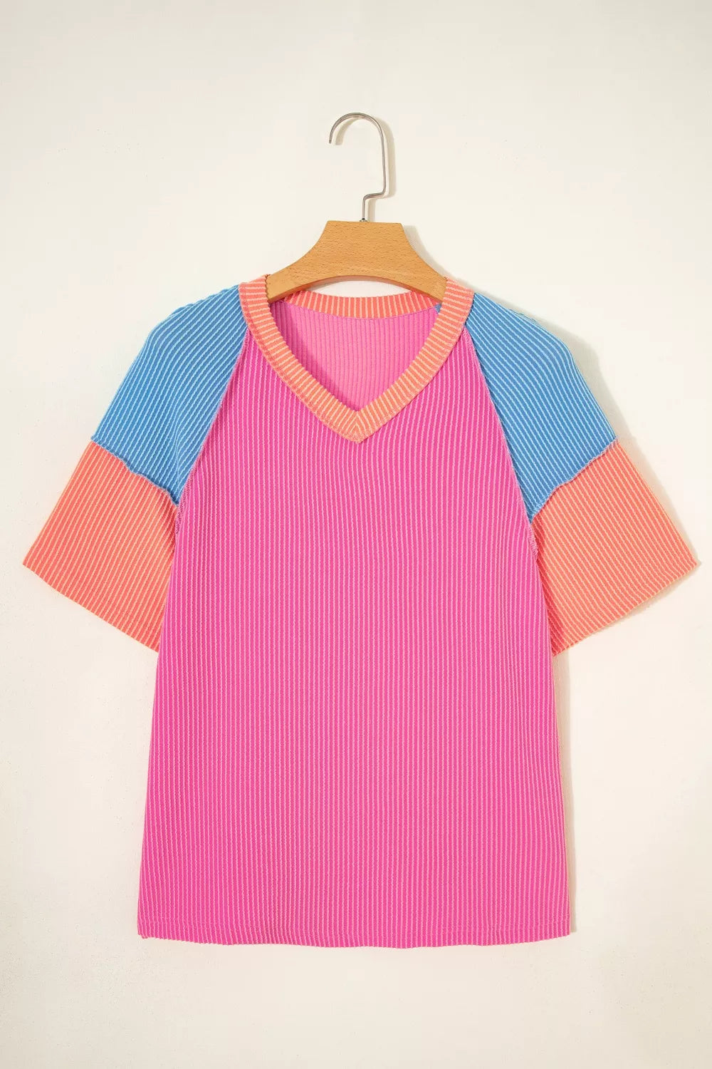 Back view of the color block twisted ribbed tee