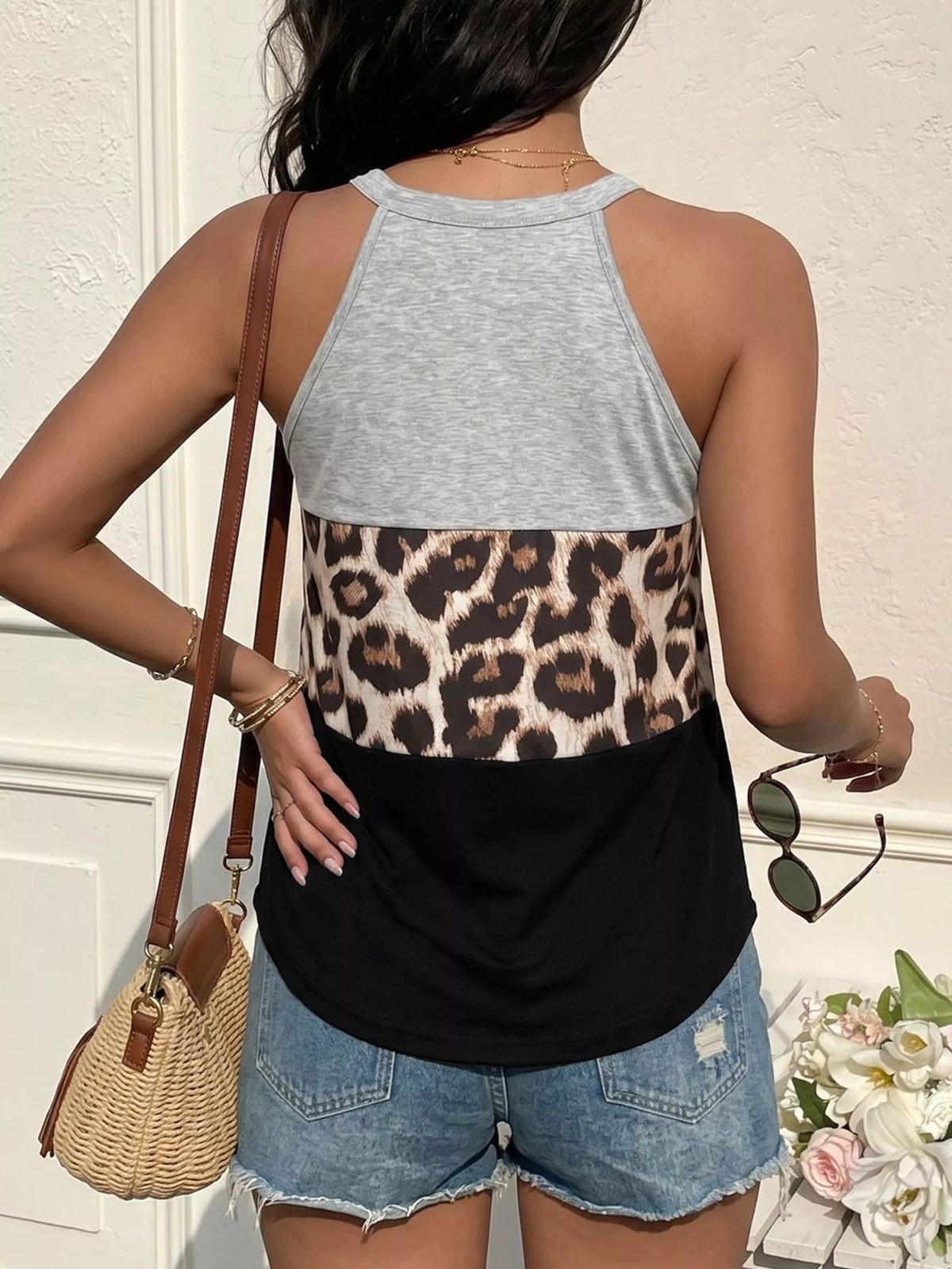 Leopard print color block tank close up view