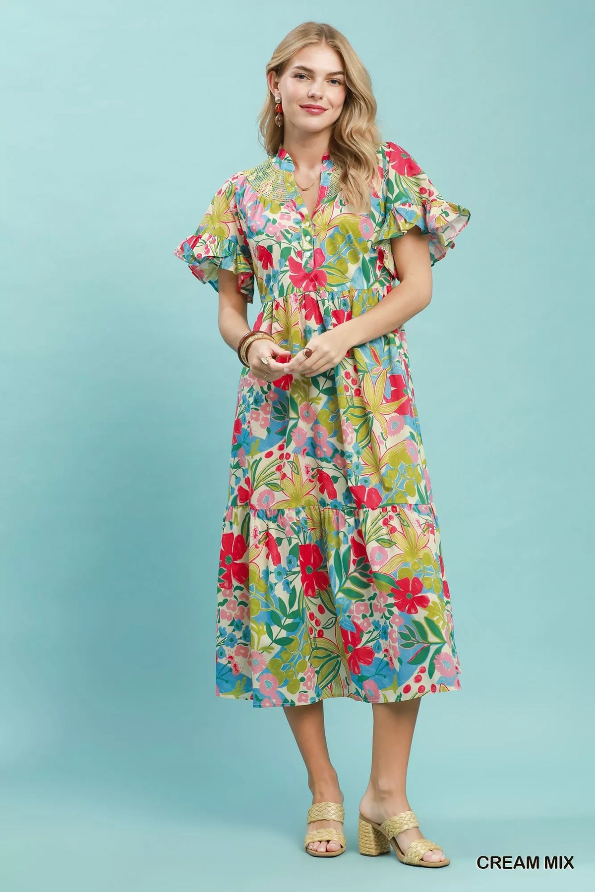 Cream tropical floral tiered midi dress with ruffle sleeves front view