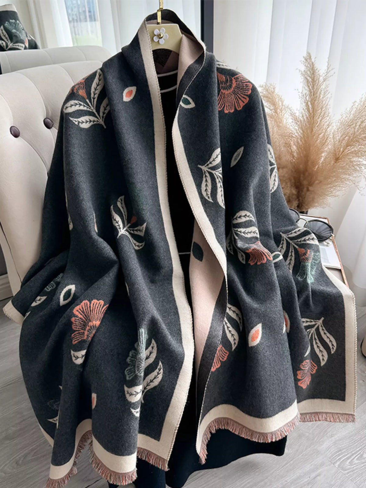Printed raw hem shawl pattern option