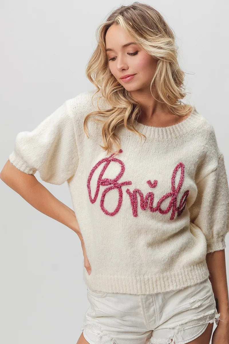 Metallic Letter Fuzzy Puff Sleeve Top in Ivory view 8