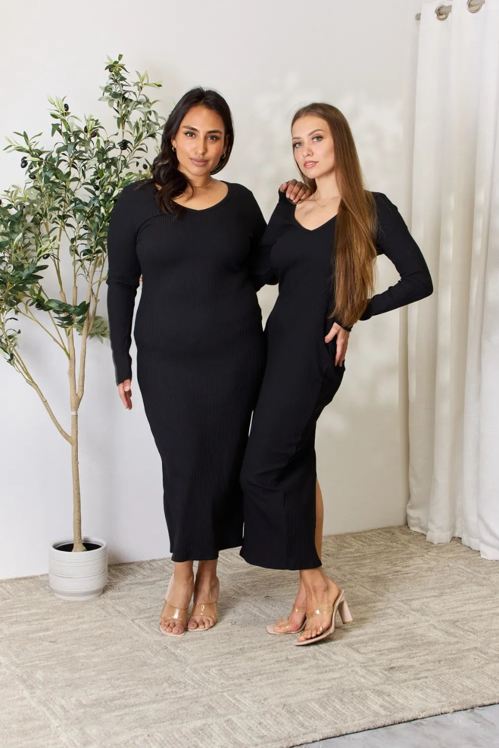 Ribbed Long Sleeve Midi Slit Dress view 10