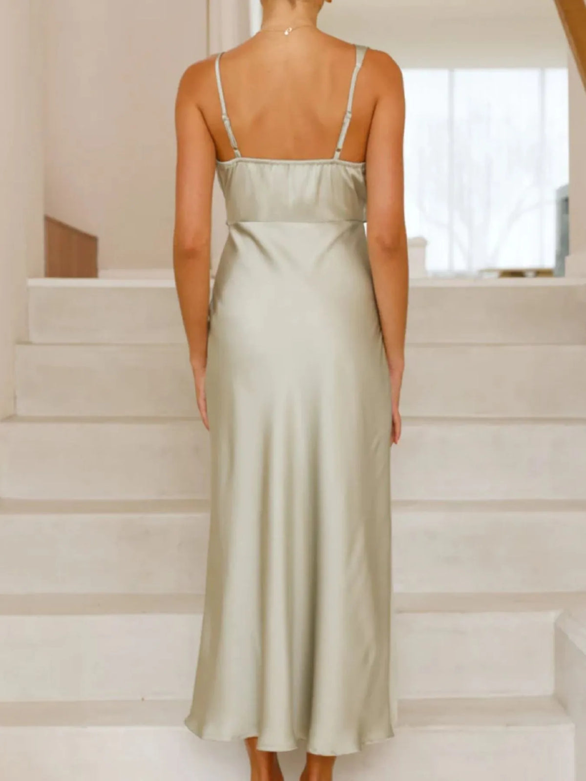 satin asymmetrical midi dress styling detail