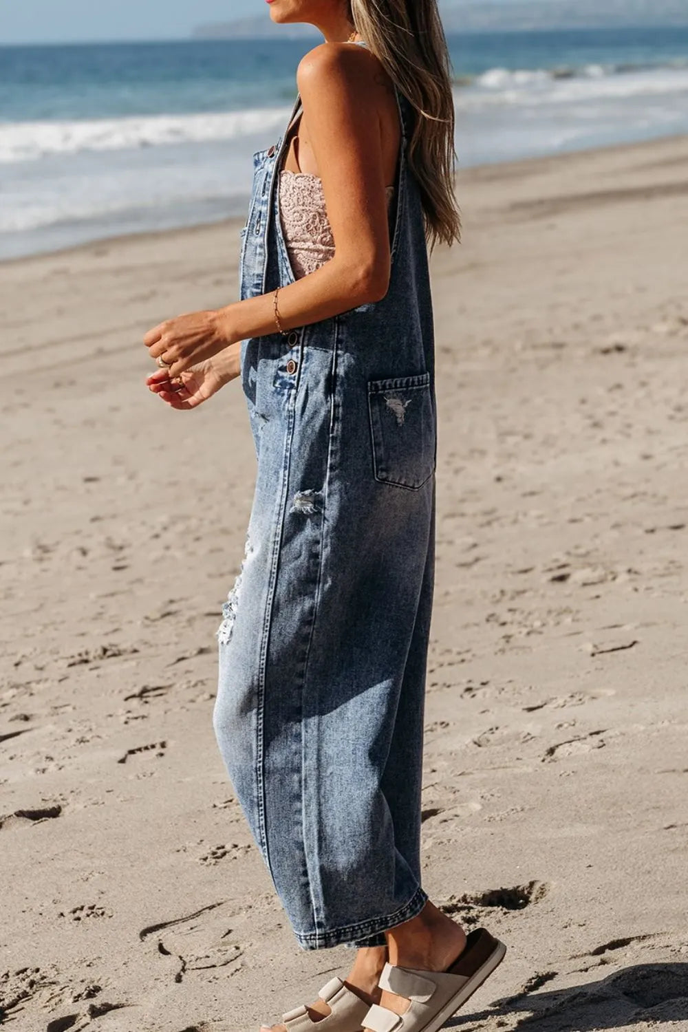 Distressed Bib Pocket Wide Leg Denim Overalls - Fashorio