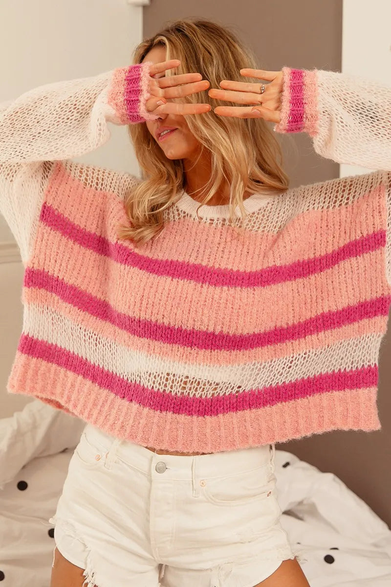 BiBi Hollow Out Yoke Detail Striped Sweater - Fashorio
