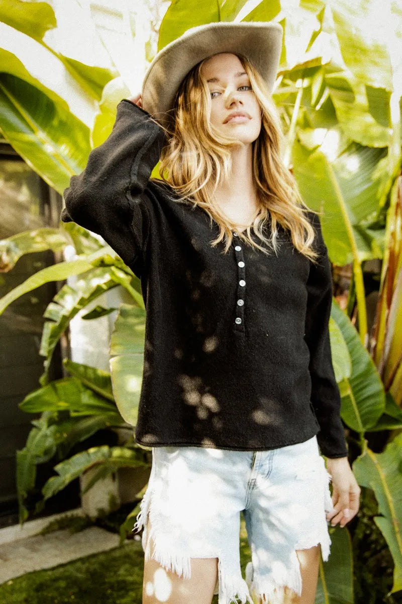 V Neck Button Detail Sweater Top in Black detail
