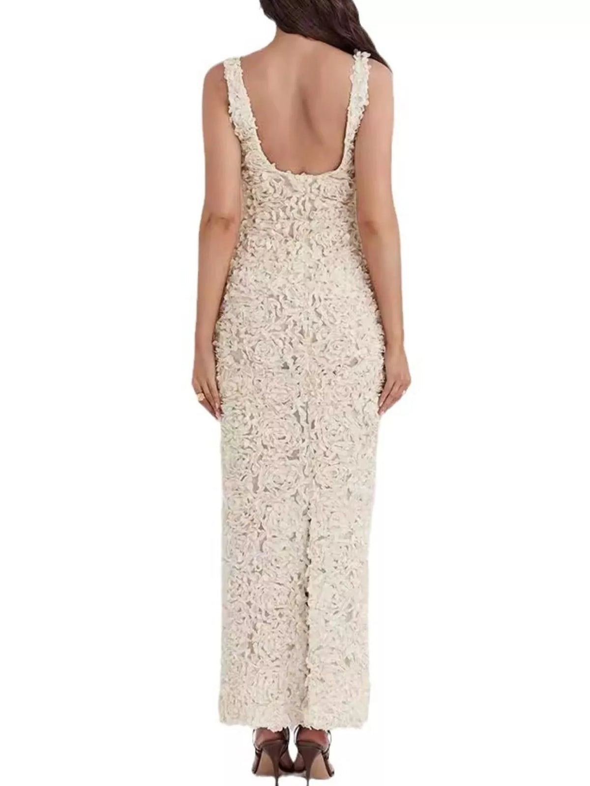 Floral applique deep V neck maxi dress in white, full length styling
