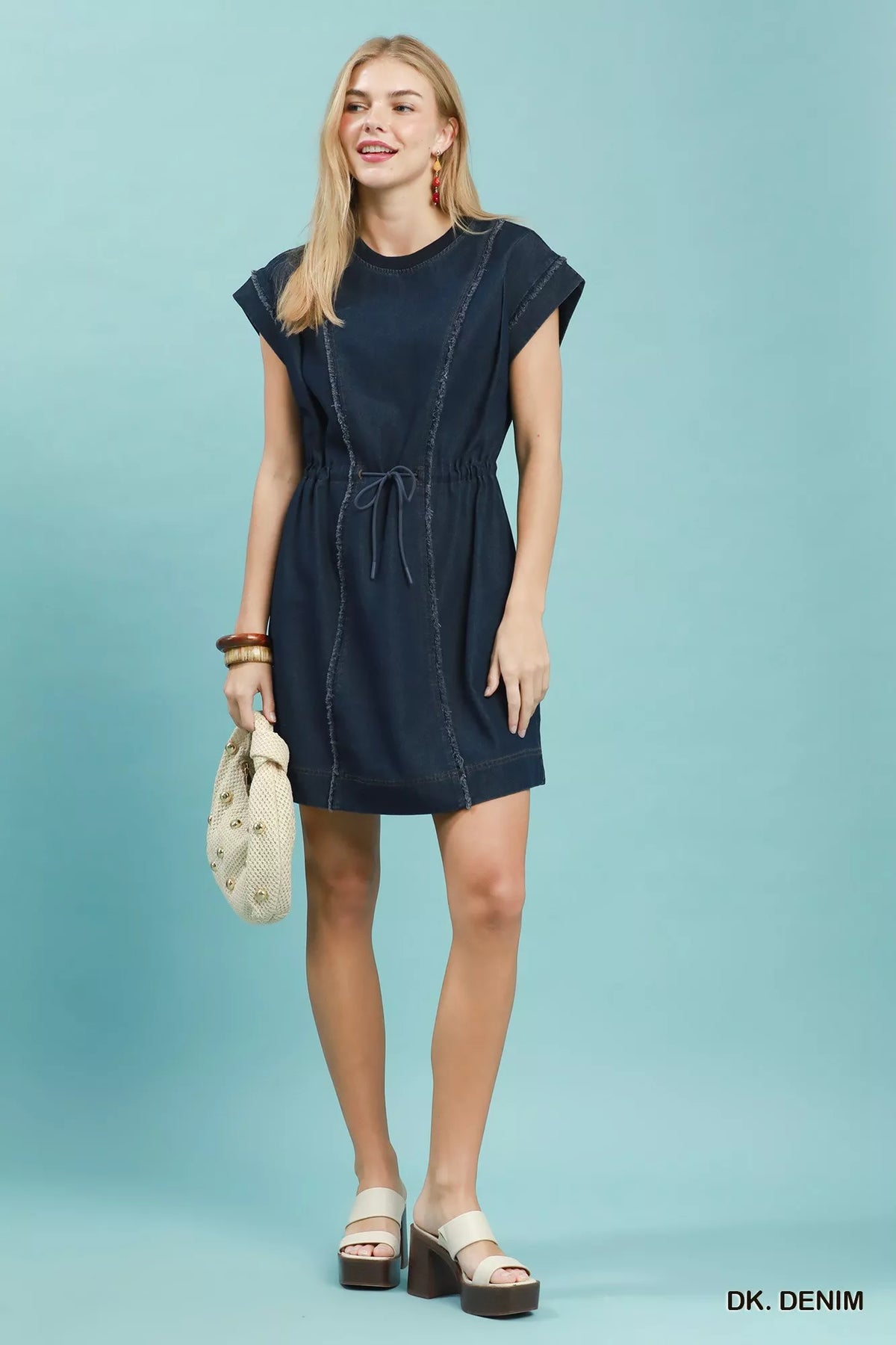 Dark denim frayed drawstring waist mini dress detail view