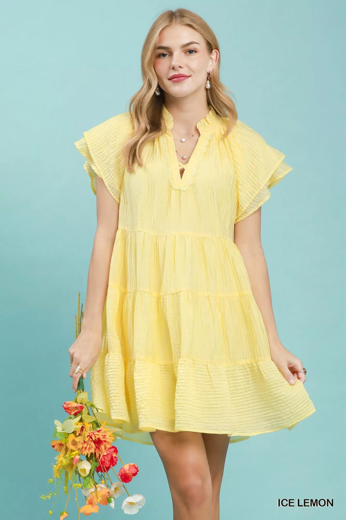 Ice lemon tiered ruffle sleeve mini dress front view