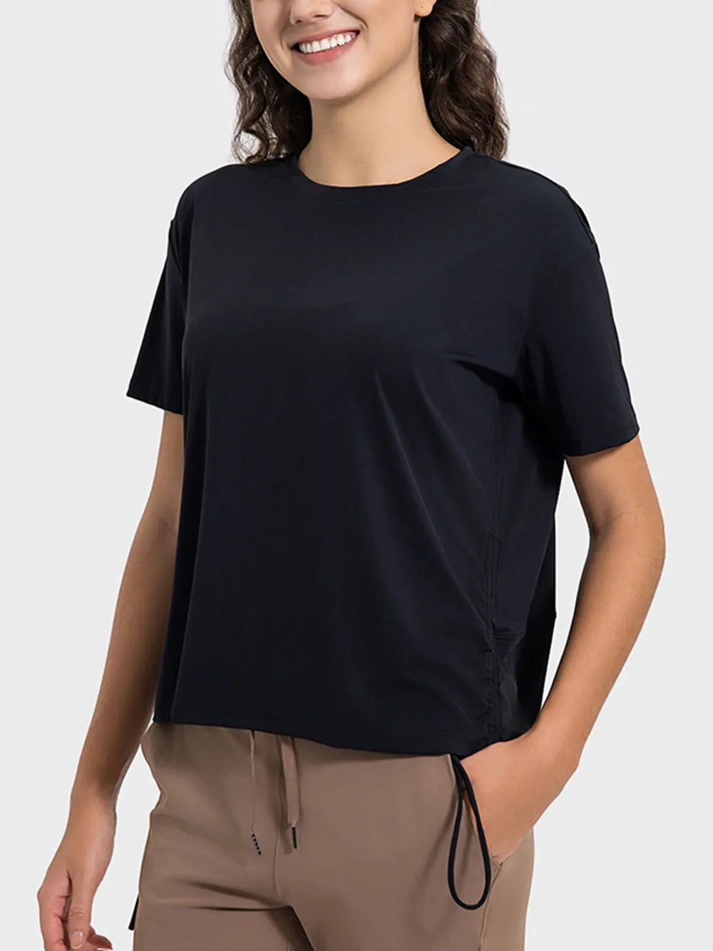 drawstring round neck active tee side view