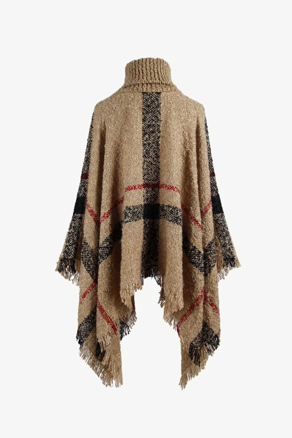 Plaid Turtleneck Raw Hem Poncho - Fashorio