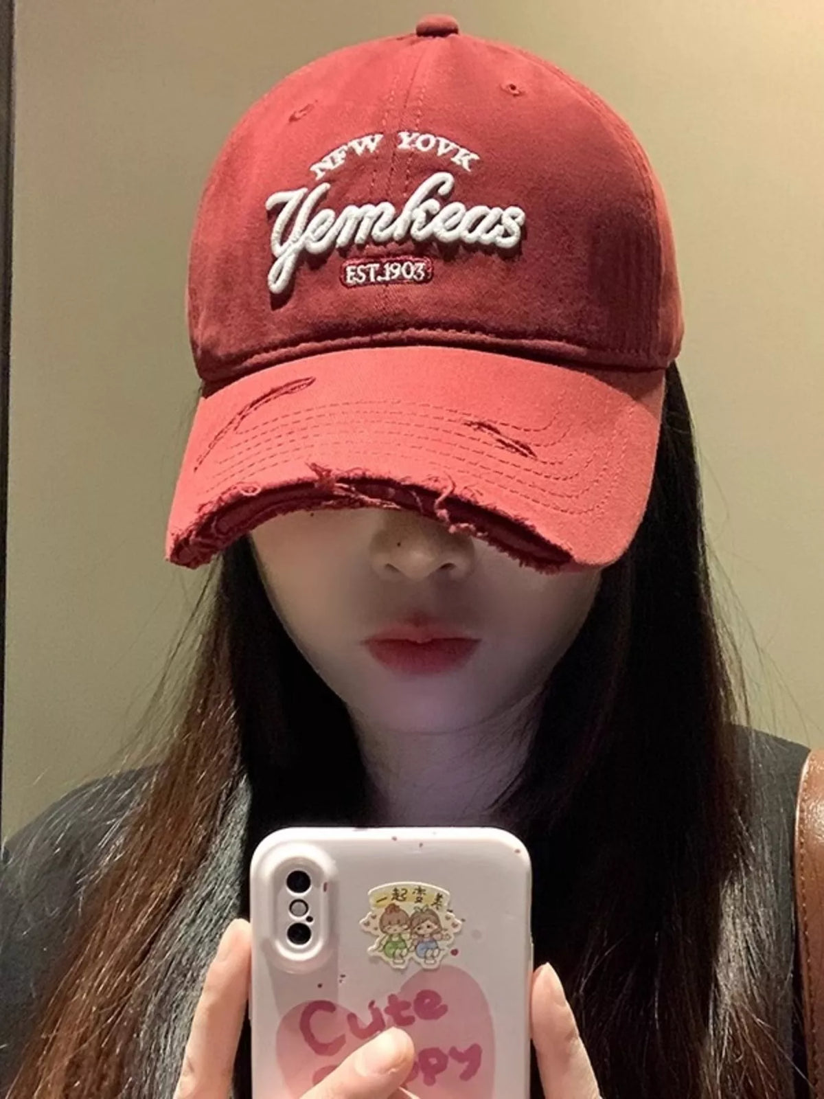 Back view of the wine red distressed baseball cap