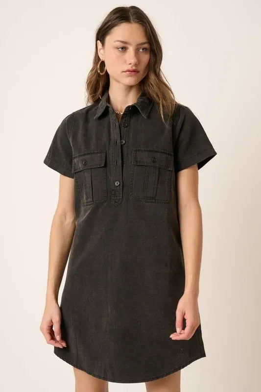 Button Detail Collared Neck Short Sleeve Shirt Dress side view
