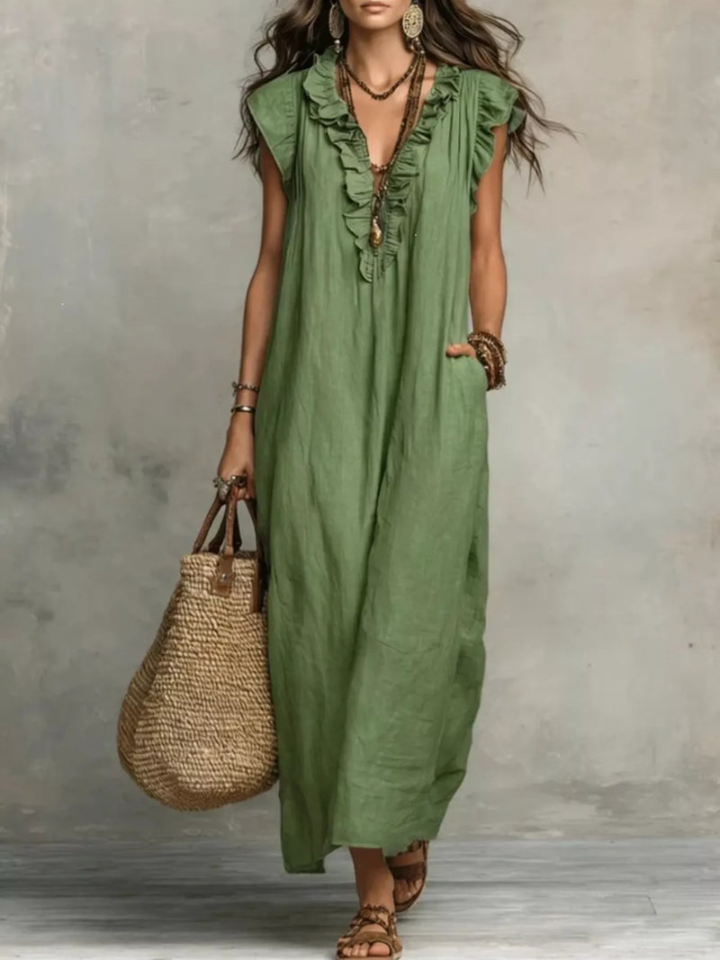 Ruffled V neck cap sleeve plus size maxi dress front view