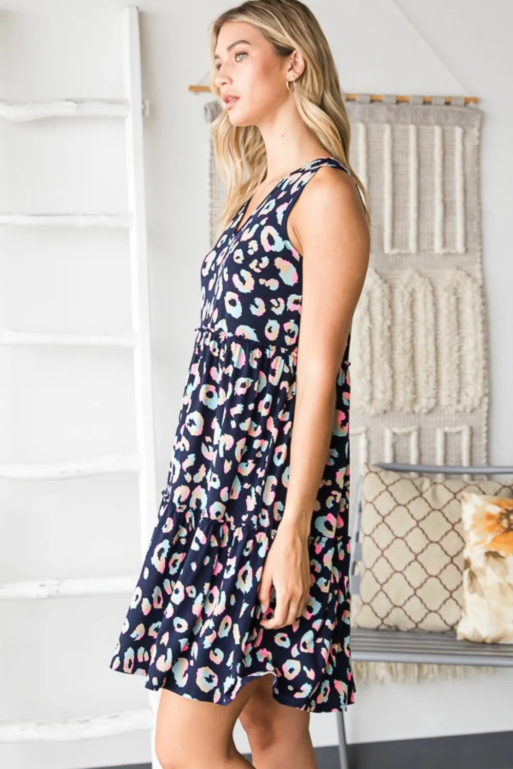 Leopard V Neck Ruffled Tank Dress side view