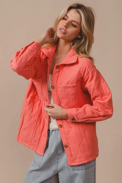 BiBi Quilted Gauze Shacket – Oversized Buttoned Long Sleeve - Fashorio