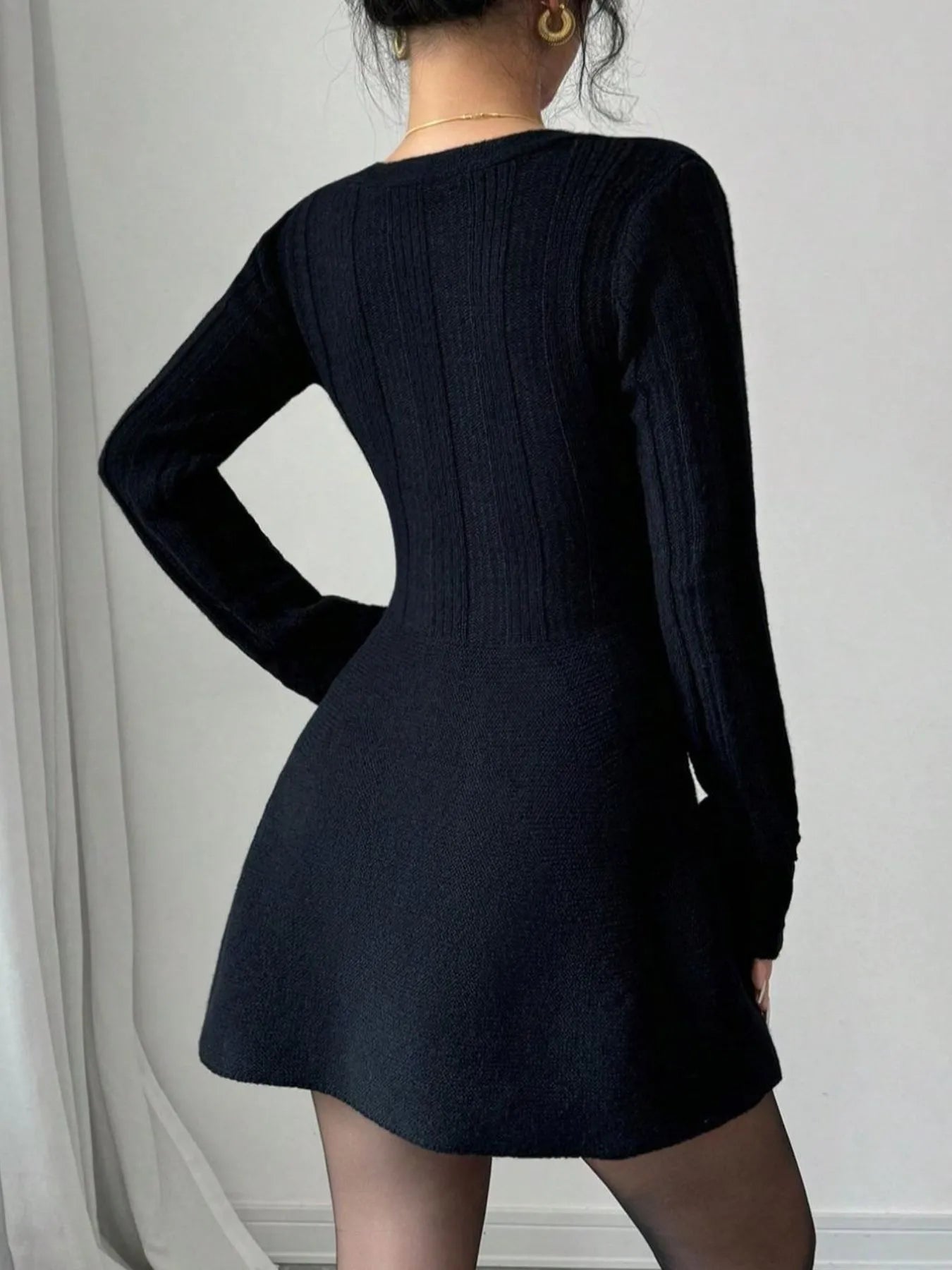 Button-Front V-Neck Knit Dress - Fashorio