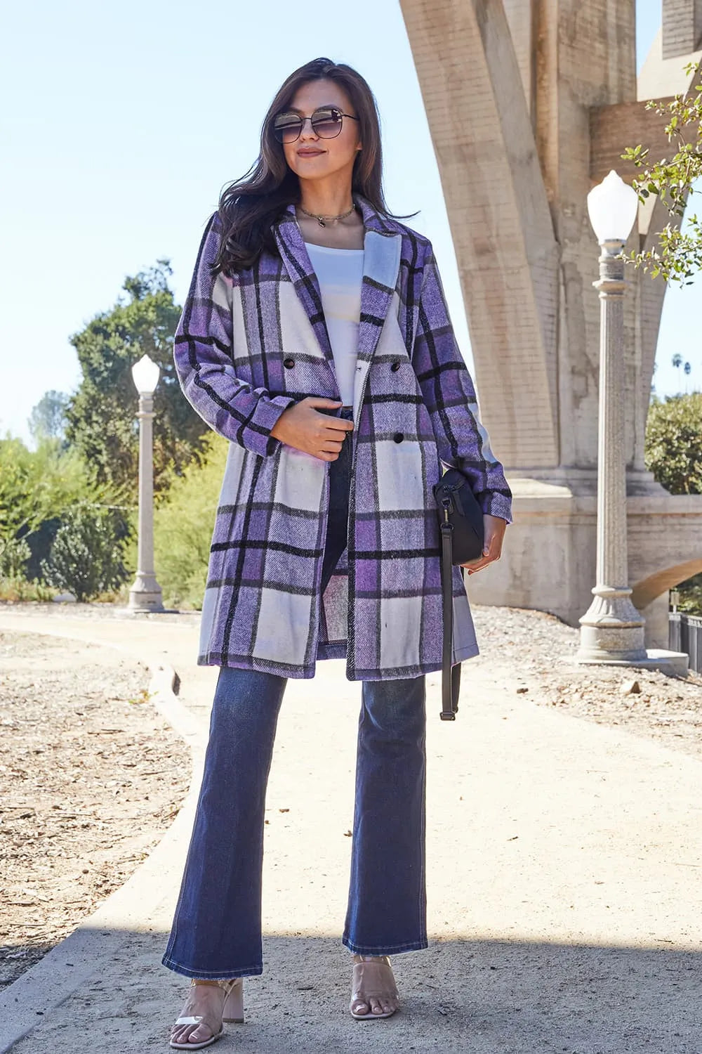 Double Take Full Size Plaid Button Up Lapel Collar Coat Violet - Fashorio