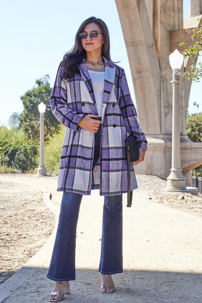 Double Take Full Size Plaid Button Up Lapel Collar Coat Violet - Fashorio